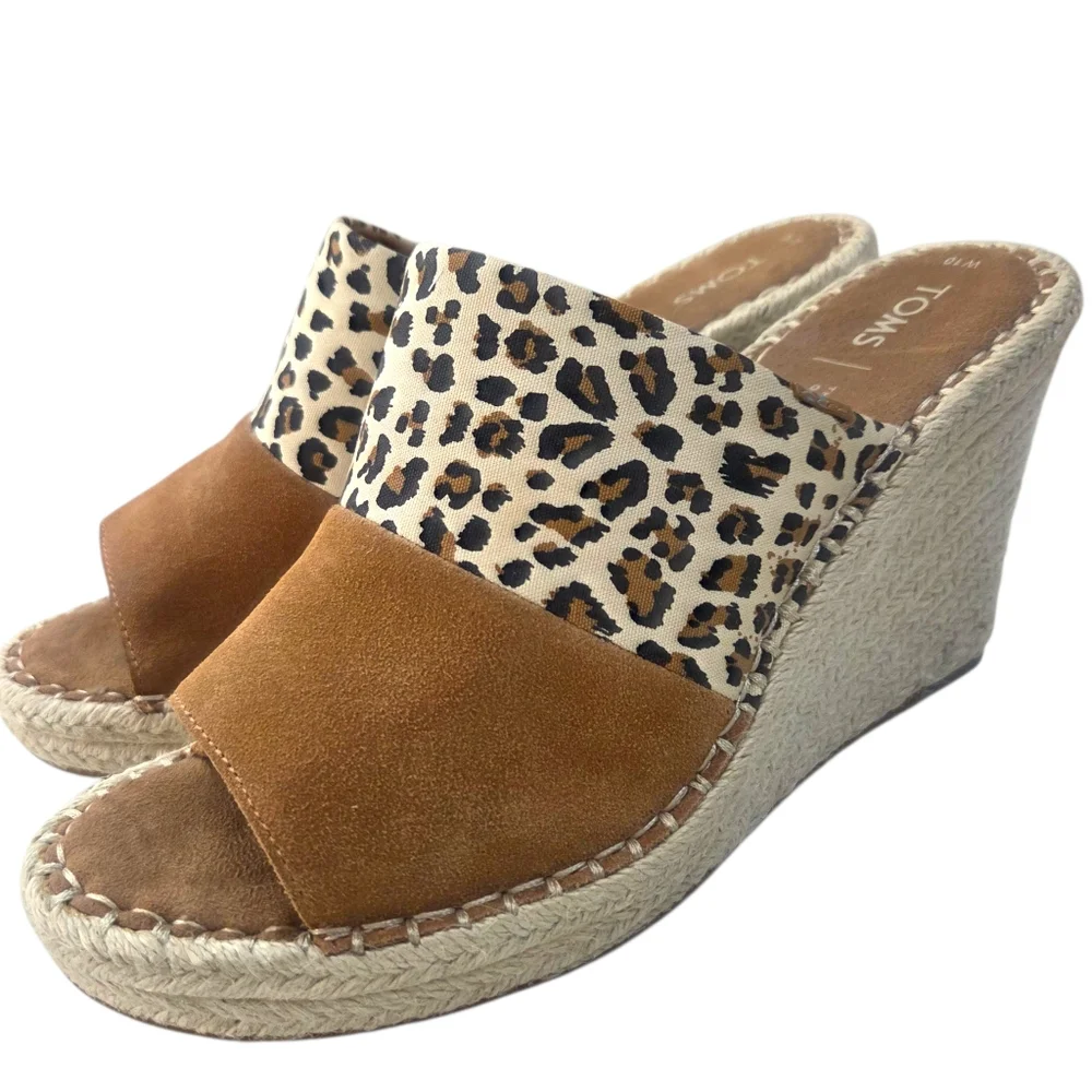 TOMS Monica Suede Espadrille Wedge Sandals NEW Leopard Print Womens 10 Brown